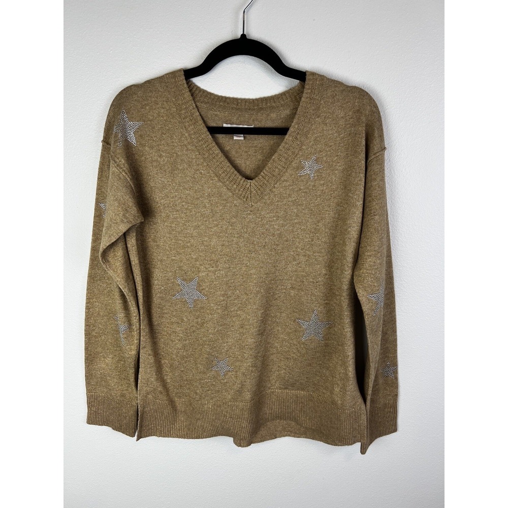 Knox Rose Women's Brown V-Neck Sweater With Star Jewel Accents Size S‎ NWOT